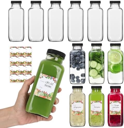 Alotpower 12 oz Glass Bottles with Lids 12Pack, 360ml Reusable Drinking Bottles for Juicing, Water, Kombucha Juices, Milk, Beverages and More (12fl.oz, Set of 12)