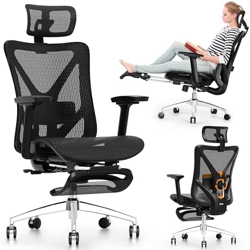 GABRYLLY Ergonomic Office Chair with Footrest, 135Â° Reclining Desk Chair with Adjustable Lumbar Support,3D Armrest,Headrest & Large Steel Base, Heavy Duty Gaming Mesh Chair for Company Home