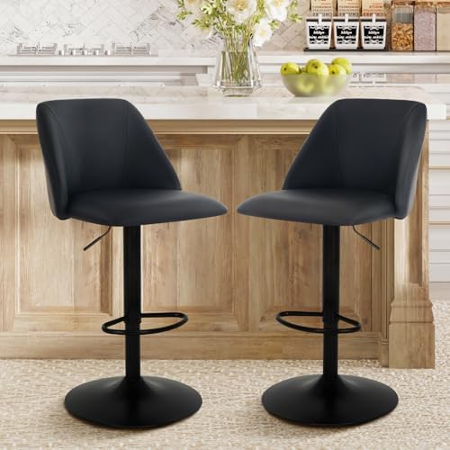 COLAMY Bar Stools Set of 2, Modern Swivel Bar Chairs, Adjustable PU Leather Upholstered Barstools Counter Height with Full Backrest for Bar, Dining Room, Kitchen Island, Black