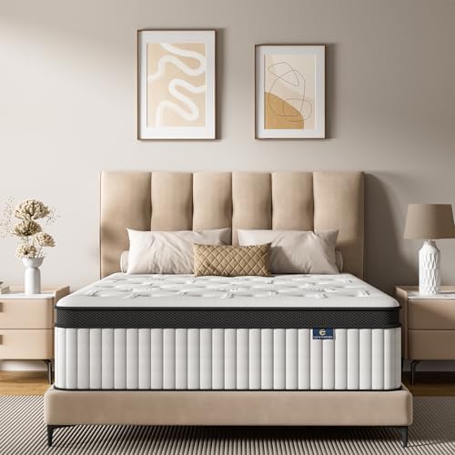 Queen Mattress, 14 Inch Hybrid Mattress in a Box, Memory Foam and Pocket Springs, Fiberglass Free, Soft and Breathable, Medium Firm Feel