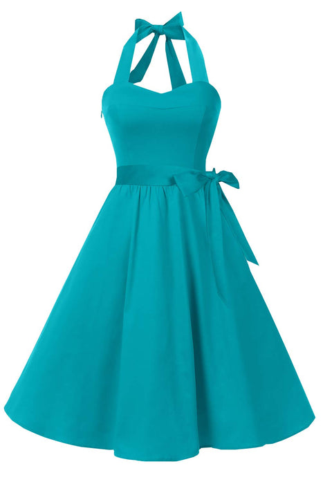 Topdress Women's Vintage Polka Audrey Dress 1950s Halter Retro Cocktail Dress Turquoise S
