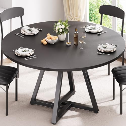 42â€œ Round Kitchen Dining Room Table for 2-4, Circle Dining Dinner Table with Pedestal Metal Frame, Space Saving Wood Industrial Furniture for Small Space (Black, 42IN)