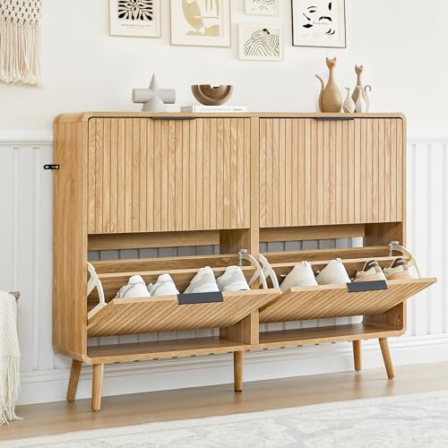 47" Fluted Large Shoe Cabinet with 4 Flip Drawers, Slim Freestanding Shoe Cabinet Organizer, Narrow Shoes Storage Rack for Entryway, 5 Sturdy Legs (All Natural, 9.45" D x 47.24" W x 35.83" H)
