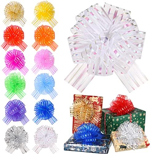 Poen 24 Pcs Christmas Pull Bows for Gift Wrapping Large 6 Inch Organza Crafts Bows for Present Wrapping with Ribbon for Gift Baskets, Wedding, Valentine(Multicolor)