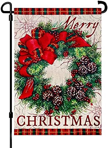 LUTER 12x18inch Merry Christmas Garden Garland Flag, Double Sided Burlap Plaid Edge Decorative Wreath Buffalo Burlap Garden Flags for Winter Outside Decorations Farm Yard Wall Decor