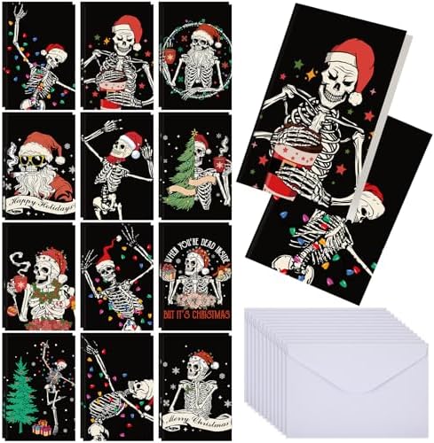 24 Pack Skeleton Christmas Cards + Envelopes, Bulk 4 x 6 Inches Skeleton Christmas Greeting Cards Holiday Retro Goth Xmas Card with Seal Stickers, 12 Styles (Wacky)