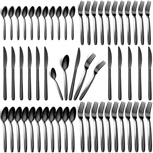 60-Piece Black Silverware Set for 12, Stainless Steel Cutlery Flatware Set, Includes Forks Spoons and Knives, Utensil Sets for Home Kitchen Restaurant, Dishwasher Safe