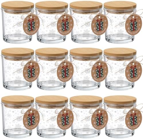 Potchen 12 Pcs Christmas Glass Candle Jars 7 oz Glass Jars Empty Containers with Bamboo Lids and Christmas Cards for Candle Making Storing Biscuits Holiday Tea Party Favors