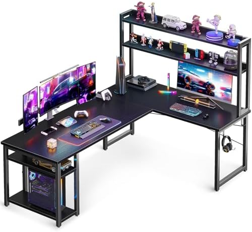 ODK L Shaped Gaming Desk with Hutch, Computer Desk with Storage Shelves, 66" L Shaped Desk for Home Office, Corner Desk with Headphone Hook, Black