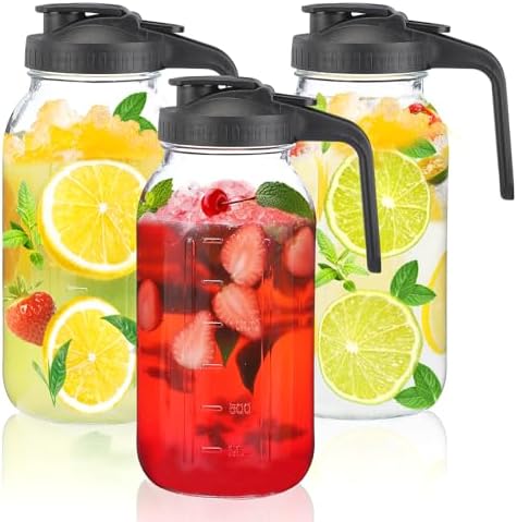 Glass Mason Jar Pitcher with Pour Spout Lid, 64OZ Leak-proof Wide Mouth Jugs for Cold Brew Coffee, Breast Milk Storage, Water, Sets of 3