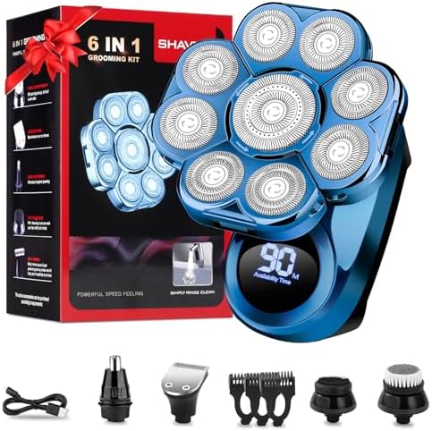 Head Shavers for Bald Men, Electric Shaver for Men,6 in 1 Mens Grooming Kit with Nose Hair Trimmer, Beard Trimmer,Waterproof Wet/Dry Rotary Shaver,Gift for Father, Husband, Boyfriend Blue
