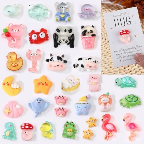 30 Sets Pocket Hugs Christmas Bulk Little Resin Animal with Inspirational Hug Pocket Card Emotional Thanksgiving Gifts Support for Coworker Team Staff Appreciation Friend Birthday Party