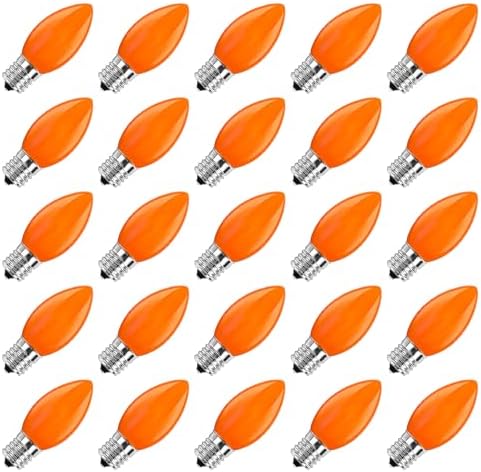 GOOTHY 25 Pack C9 LED Orange Halloween Light Bulbs, E17 Intermediate Base Shatterproof LED Orange Replacement Light Bulbs for C9 Christmas Outdoor String Lights, 0.6W Night Light Bulbs, 2700K