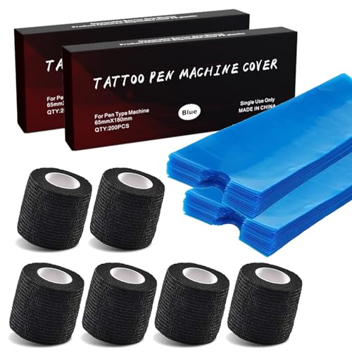 400pcs Large Machine Covers with 6pcs Grip Tapes - LEEYUKA Blue Pen Covers and Black Tattoo Grip Wrap Plastic Tattoo Pen Sleeves with Self-adhesive Bandages Supplies Kit