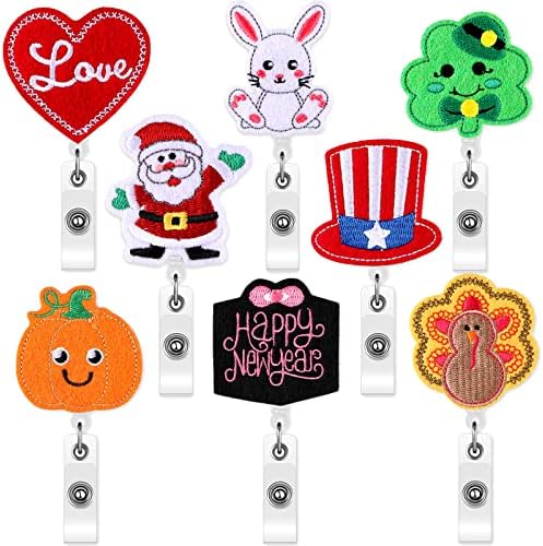 8 Pieces Holiday Badge Reels Gnome Badge Holder Felt Embroidered Retractable Reel Holder with Alligator Clip for Christmas Nurse Doctor Employees(Lovely Style)