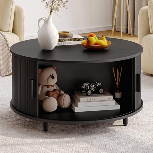 ONBRILL Round Coffee Table with Storage, 31.5" Modern Coffee Table with 360° Curved Sliding Door, Fluted Wood Accent Coffee Table with Adjustable Footpads, Round Center Table for Living Room, Black