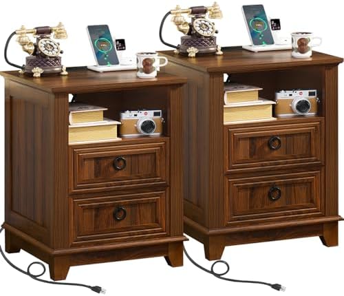 18" Farmhouse Night Stands Set of 2 with Charging Station, 2 Drawers End Table Dresser for Bedroom, Brown Wooden Nightstand, Bed Side Table with Open Shelf, Bedside Cabinet for Living Room