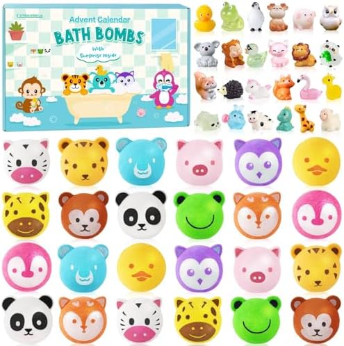 Christmas Advent Calendar 2025 Kids Bath Bombs with Surprise Toys Inside, 24 Days of Christmas Countdown Calendar Bath Bombs with Animal Toys Birthday Xmas Gift for Children Boys Girls