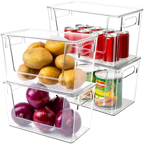 4 Pack Large Stackable Storage Bins, Plastic Container Organizer with Open Front, Pantry Organizers and Storage for Potato, Onion, Fruit and Vegetable, Clear Kitchen Laundry Organizer with Lid