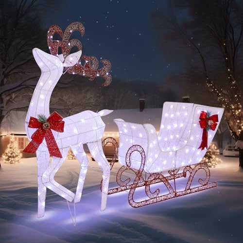 Outdoor Yard Decoration Reindeer and Sleigh, 200 led Lighted White Christmas Reindeer Sleigh, Christmas Outdoor with Stakes and Zip Ties for Lawn, Xmas, Holiday, Garden Decor
