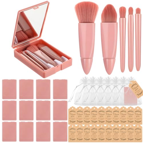 12 Set Travel Makeup Brush Set Bulk with Mirror Mini Travel Makeup Brushes Thank You Cards and Organza Bag Bridesmaid Gift for Bachelorette Party Gift Wedding(Pink)