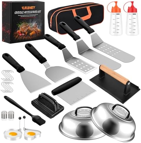28PCS Griddle Accessories Kit, Flat Top Grill Accessories Set for Blackstone and Camp Chef, Barbecue Accessories Set with 2pcs Basting Cover, Enlarged Spatulas, Griddle Press