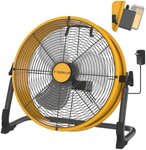 16" Battery Operated Floor Fan for Dewalt 20V Max Battery, Portable Fan with AC Adapter and USB Output, Metal Industrial High Velocity, Stepless Speed Cordless Fan for Jobsite Garage Camping Emergency