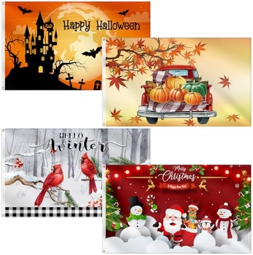 Shimeyao 4 Pcs Halloween Flags 3 x 5 Ft Outdoor Fall Holiday Large Flags Thanksgiving Turkey Pumpkin Merry Christmas Snowman Flag for Home Garden Festival Party Decoration(Cute Pattern)