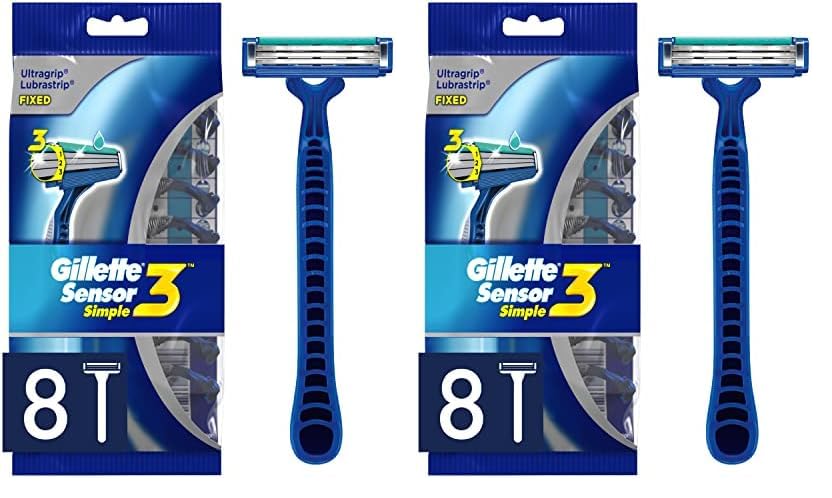 Gillette Sensor3 Simple Men’s Disposable Razors, 8 Count (Pack of 2) Blue