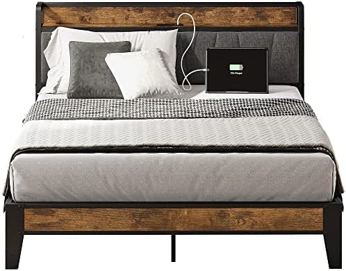 LIKIMIO Full Bed Frame, Storage Headboard with Charging Station, Solid and Stable, Noise Free, No Box Spring Needed, Easy Assembly