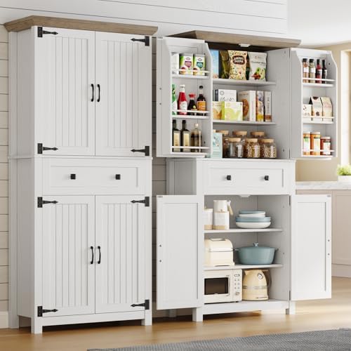 72" Kitchen Pantry Cabinet,Tall Storage Cabinet with 4 Doors Shelves,2 Cabinets,Drawer,Adjustable Shelves,Freestanding Cupboard for Kitchen,Dining Room,Living Room,Laundry,White+Gray
