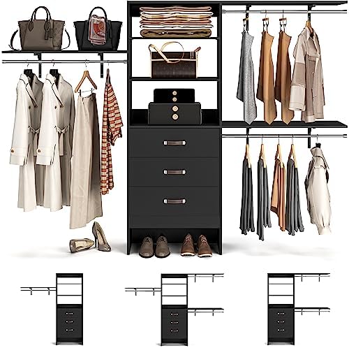 Armocity 96 Inches Closet System, 8FT Walk In Closet Organizer with 3 Shelving Towers, Heavy Duty Clothes Rack with 3 Drawers, Built-In Garment Rack, 96" L x 16" W x 75" H, Max Load 1000 LBS, Black