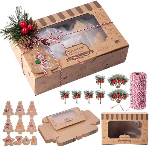 Sfcddtlg 36 Pcs Christmas Cookies Box with Pine Picks,15 Pack Christmas Treat Boxes with Window,Christmas Bakery Party Favor Boxes for DIY Cookie Containers Gift Wrapping