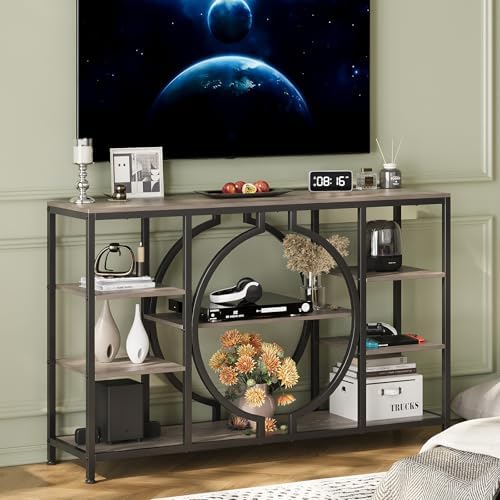 GiftGo 47" Industrial Console Tables for Entryway Rustic Sofa Table Behind Couch 4 Tier Wooden Shelves Entry Table with Storage for Foyer, Hallway, Front Door,Living Room (Retro Grey, 47")