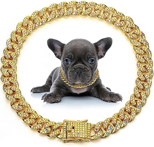 LEIFIDE Dog Chain Collar Diamond Link Puppy Collar 12 mm Wide Dog Necklace Metal Cat Chain Pet Crystal Necklace Jewelry Accessories for Small Medium Large Pet(18 Inch,Gold, AB Color)