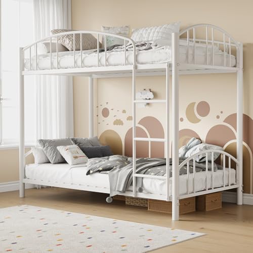 GarveeHome Metal Bunk Bed Twin Over Twin, Heavy Duty Bunkbeds Frame with Arched Guardrail and Safety Ladder, Sturdy Steel Bed for Kids Boys Girls, Space-Saving, No Box Spring Needed, Modern White