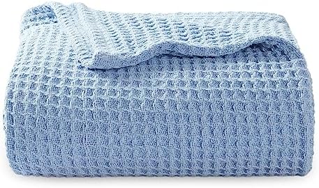 Bedsure 100% Cotton Blanket Twin XL Size for Bed - Breathable and Soft, Waffle Weave Blanket for Summer Spring, Sky Blue, 66x90 inches