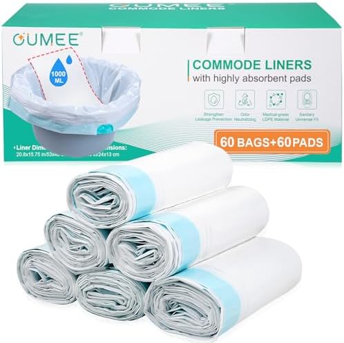 60 Commode Liners with Absorbent Pads, 60 Bedside Commode Liners and 60 Pads for Commode Bucket, Disposable Commode Bags for Adults, Portable Leak-Proof Potty Chair Liners (21 * 16in-60+60)