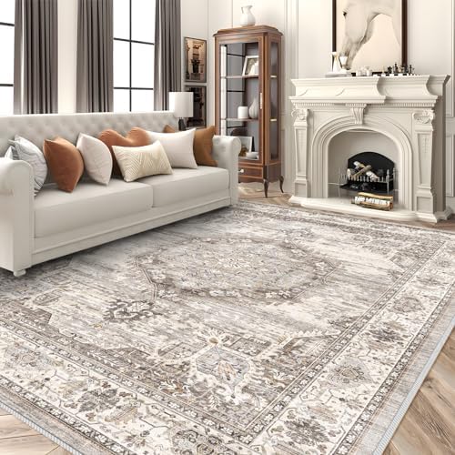 Area Rugs 9x12 Living Room：Machine Washable Rug - Soft Carpet for Bedroom - Waterproof Stain Resistant Vintage Distressed Area Rug 9'x12' Beige