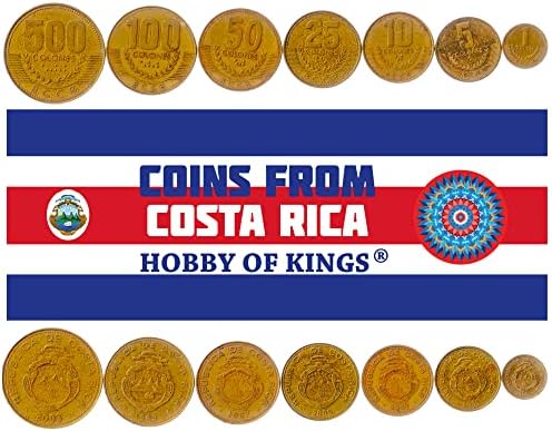 7 Coins from Costa Rica | Costa Rican Tico Coin Set Collection 1 5 10 25 50 100 500 Colones | Circulated 1997-2005 | Laurel Wreath | Ship | Star | Volcano | Coffee Branch
