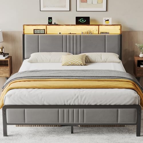 BedsPick Queen Bed Frame with Ergonomic Headboard, Upholstered Metal Platform Bed Queen Size with 2-Tier Storage, Charging Station, Smart LED Lights, Easy Assembly, No Box Spring Needed, Gray