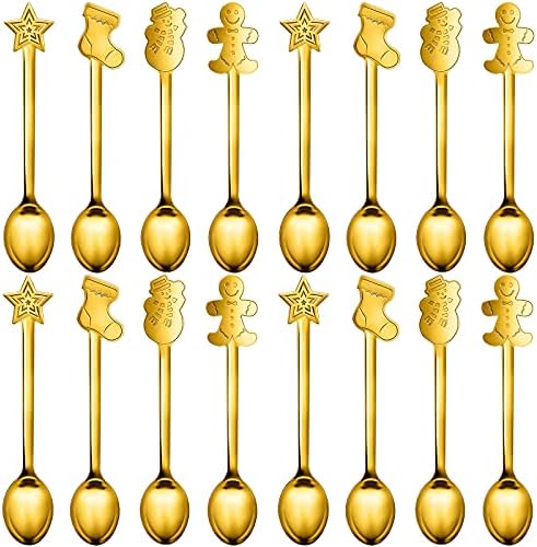 16 Pieces Christmas Spoon for coffee Creative Stainless Steel Stirring Spoon Bulk for Soup Dessert, 4 Styles(Gold)