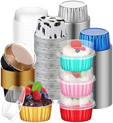 120 Pcs Aluminum Foil Baking Cups Mini Cake Pans with Lids 5 oz Cupcake Liners Disposable Muffin Tins Wrappers Baking Foil Ramekins Pans Aluminum Cupcake Cups for Birthday Party(Multicolor)