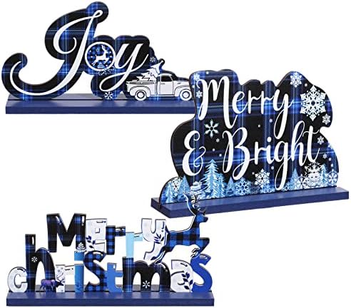 Blulu 3 Christmas Centerpieces for Tables Blue Merry Christmas Table Decorations Tabletop Wooden Sign Farmhouse Winter Centerpieces for Holiday Party Indoor Decor