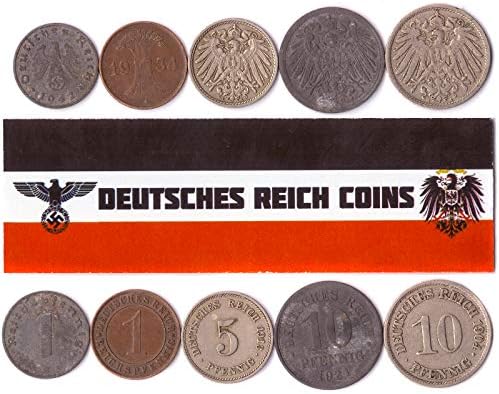 5 DEUTSCHES Reich Coins 1871-1945: German Empire, Weimar, Nazi Germany WWI WW2. Collectible Old Coins for Your Coin Album, Coin Bank OR Holders