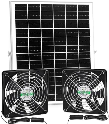 5.5 Inch Solar Powered Fan Kit, 25W Solar Panel with 2 Waterproof Fans for Outside Chicken Coops, Greenhouses, Sheds, Intake or Exhaust Air Fan with 15 FT On/Off Switch Cord