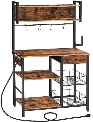 HOOBRO Bakers Rack with 4 AC Power Outlets, 5-Tier Coffee Bar with Wire Basket, Microwave Stand with Paper Holder and Drawer, Kitchen Storage Shelf, Rustic Brown and Black BF84UHB01