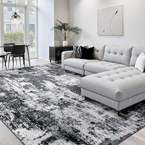 Washable Area Rugs 8'x10' Non-Slip Modern Abstract Soft for Living Room Entryway Bedroom Nursery, Print Pattern, Black Gray