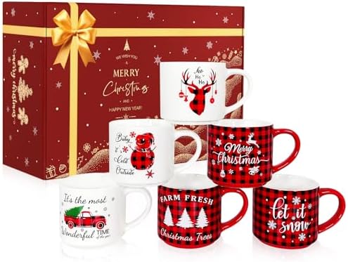 QIKSION 16oz Christmas Coffee Mugs Set of 6, Large Hot Chocolate Mugs, Holiday Cocoa Ceramic Mug Gift Set for Family, Friends and Colleagues(Red Black Plaid, White)