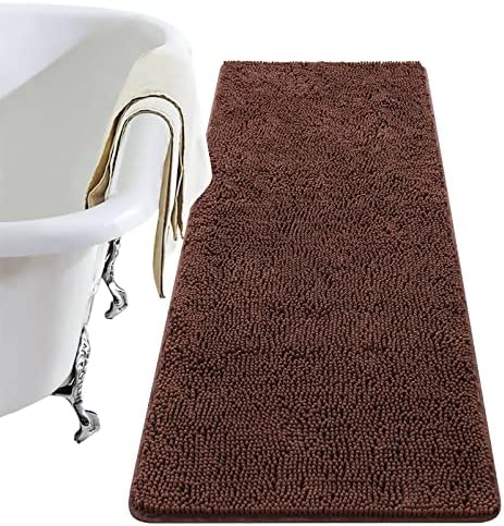 LOCHAS Luxury Bathroom Rug Shaggy Bath Mat 24 x 60 Inch, Washable Non Slip Bath Rugs for Bathroom Shower, Soft Plush Chenille Absorbent Carpets Mats, Brown